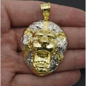 Real 10k Yellow Gold Diamond Cut 3D Big Lion Head Pendant over 2" length 8gr